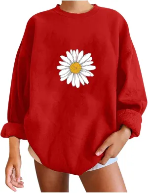 Womens Sunflower Print Sweatshirt Long Sleeve Oversized Hoodies Tops Crewneck Pullover Shirts Trendy Fall Outfits