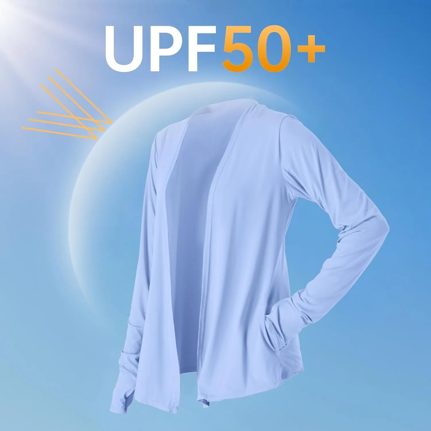 Womens Thin Summer Cardigan Long Sleeve Open Front Upf50 Uv Spf Sun Protection Lightweight Cover Up Thumb Holes with Pockets