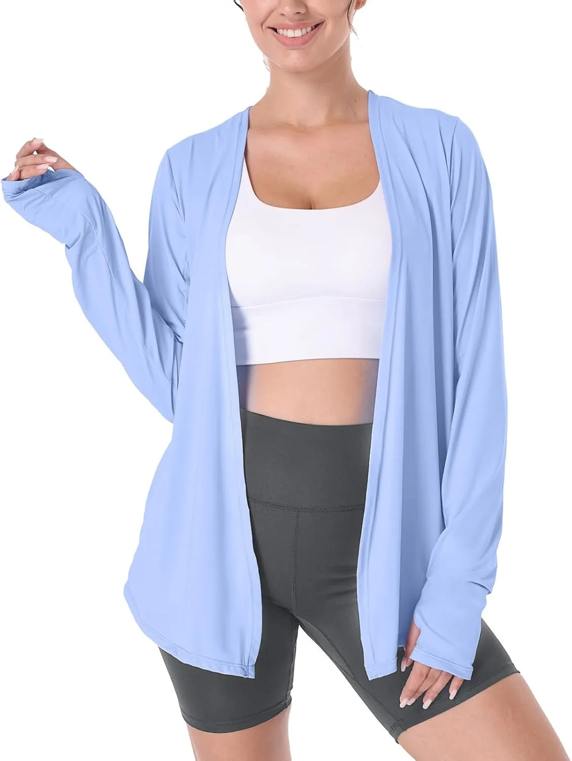 Womens Thin Summer Cardigan Long Sleeve Open Front Upf50 Uv Spf Sun Protection Lightweight Cover Up Thumb Holes with Pockets
