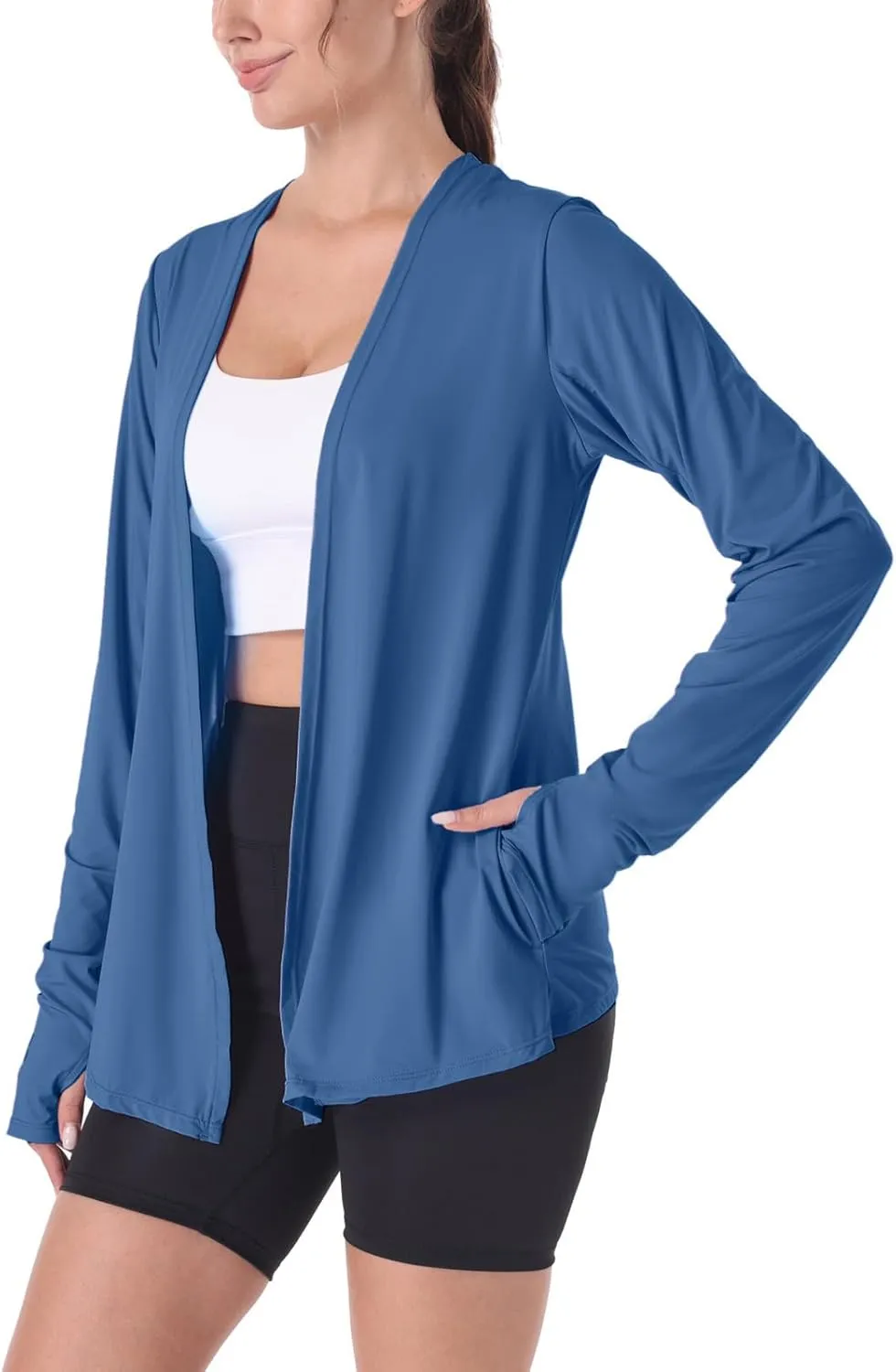 Womens Thin Summer Cardigan Long Sleeve Open Front Upf50 Uv Spf Sun Protection Lightweight Cover Up Thumb Holes with Pockets
