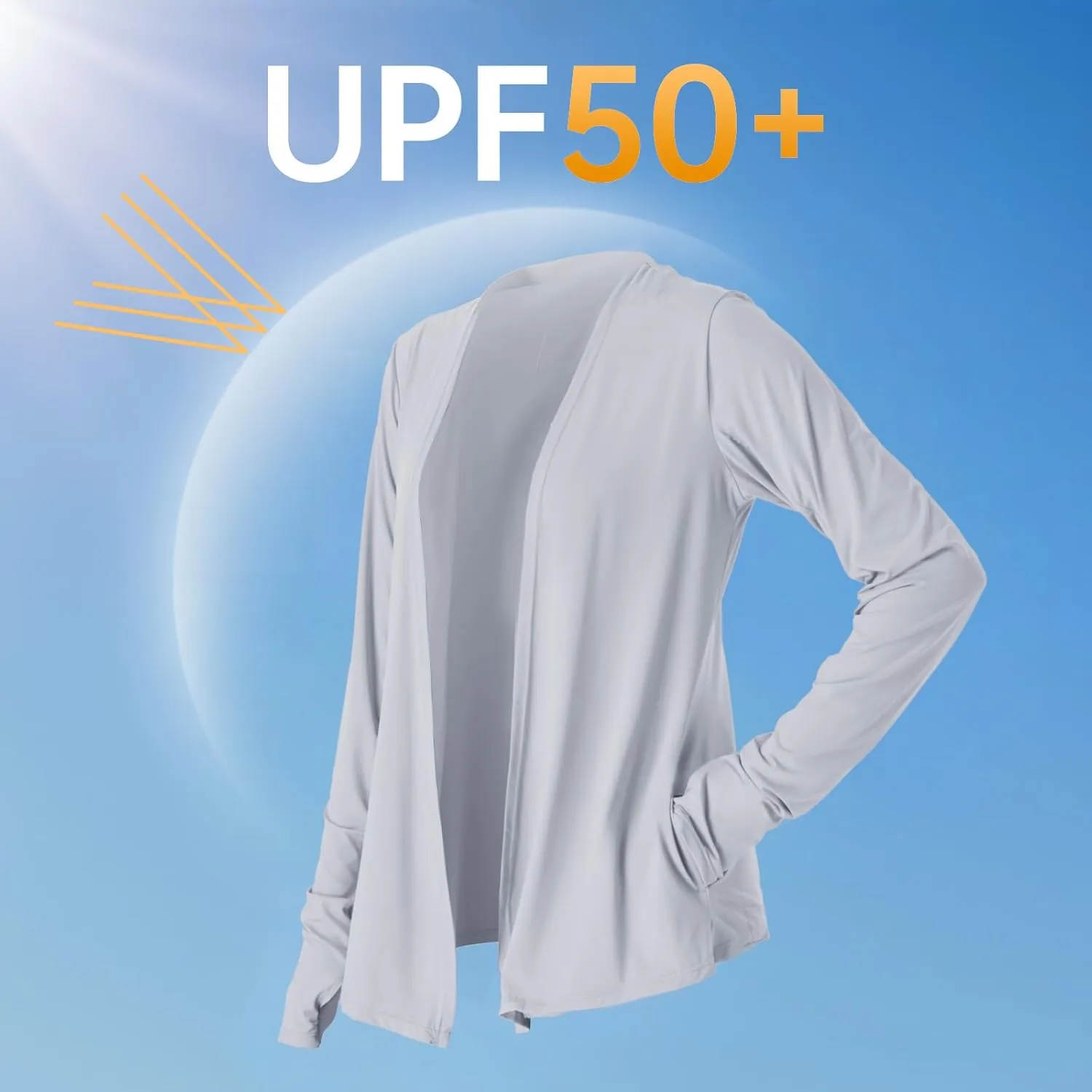 Womens Thin Summer Cardigan Long Sleeve Open Front Upf50 Uv Spf Sun Protection Lightweight Cover Up Thumb Holes with Pockets