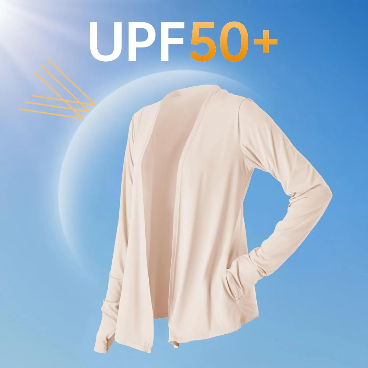Womens Thin Summer Cardigan Long Sleeve Open Front Upf50 Uv Spf Sun Protection Lightweight Cover Up Thumb Holes with Pockets