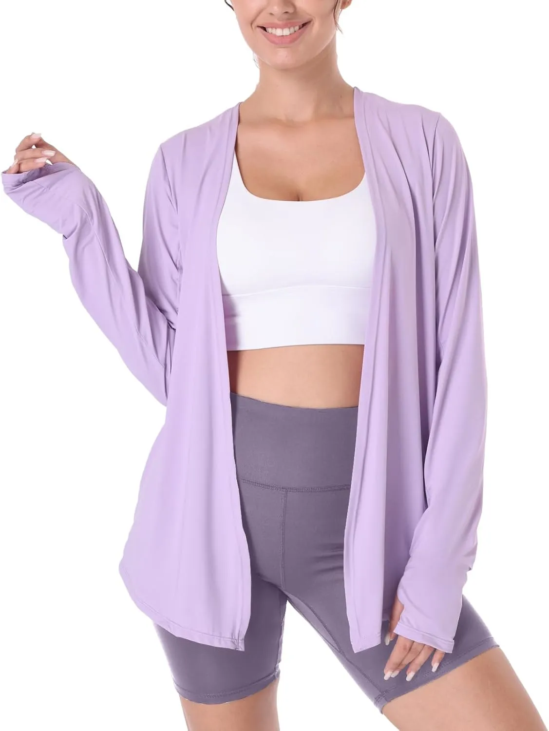 Womens Thin Summer Cardigan Long Sleeve Open Front Upf50 Uv Spf Sun Protection Lightweight Cover Up Thumb Holes with Pockets