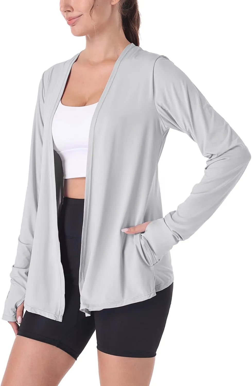 Womens Thin Summer Cardigan Long Sleeve Open Front Upf50 Uv Spf Sun Protection Lightweight Cover Up Thumb Holes with Pockets