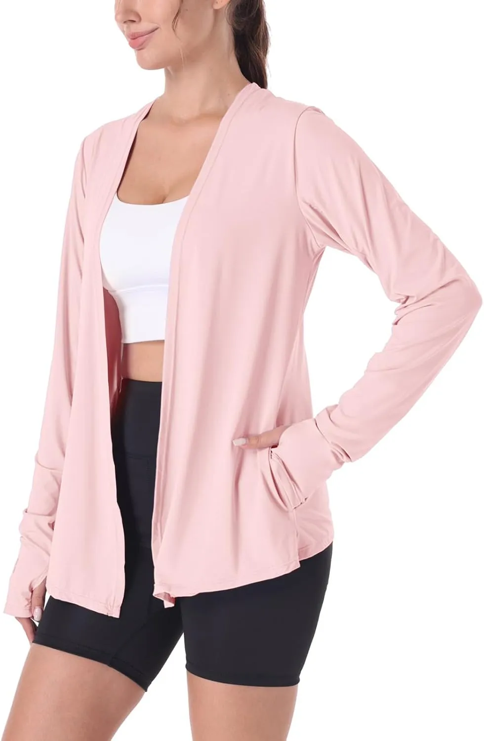 Womens Thin Summer Cardigan Long Sleeve Open Front Upf50 Uv Spf Sun Protection Lightweight Cover Up Thumb Holes with Pockets