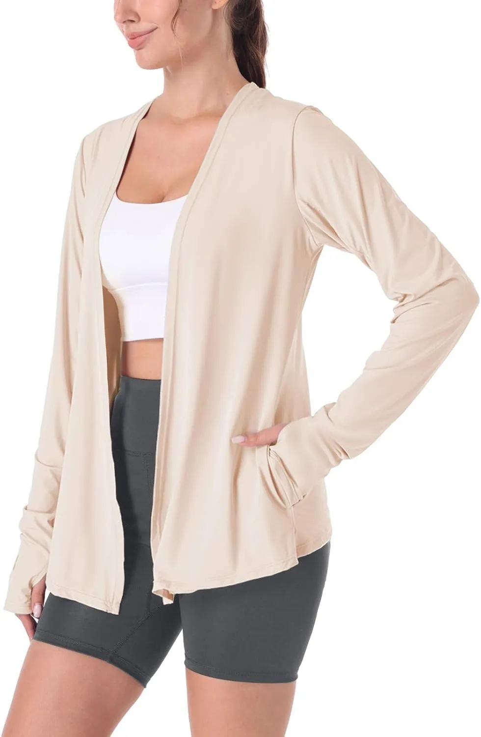 Womens Thin Summer Cardigan Long Sleeve Open Front Upf50 Uv Spf Sun Protection Lightweight Cover Up Thumb Holes with Pockets