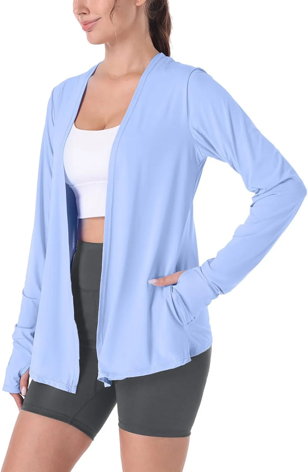 Womens Thin Summer Cardigan Long Sleeve Open Front Upf50 Uv Spf Sun Protection Lightweight Cover Up Thumb Holes with Pockets