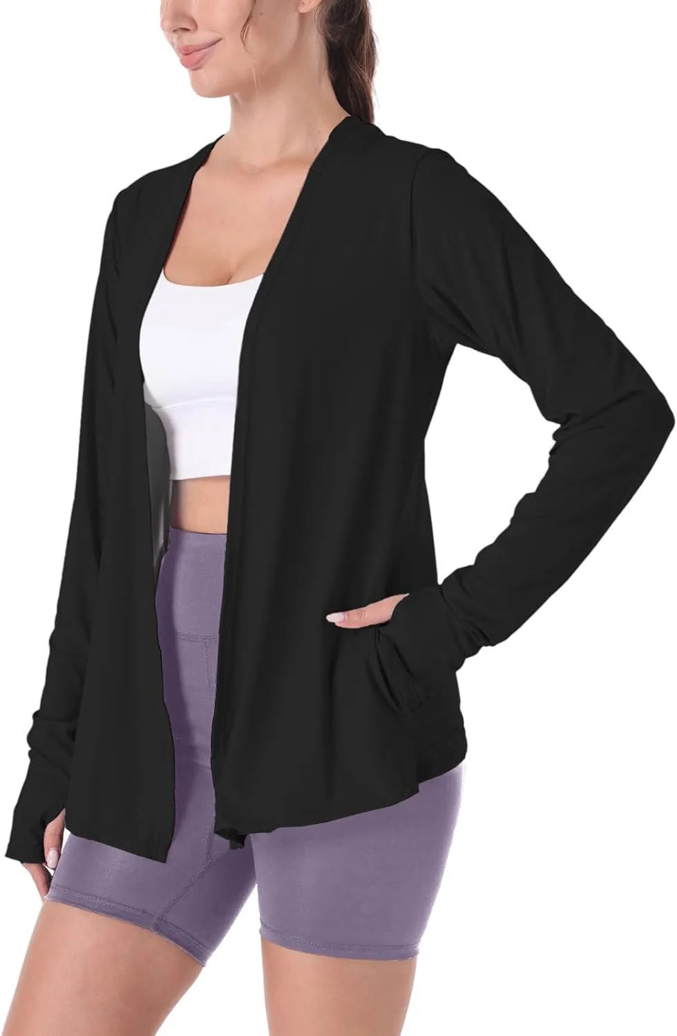 Womens Thin Summer Cardigan Long Sleeve Open Front Upf50 Uv Spf Sun Protection Lightweight Cover Up Thumb Holes with Pockets
