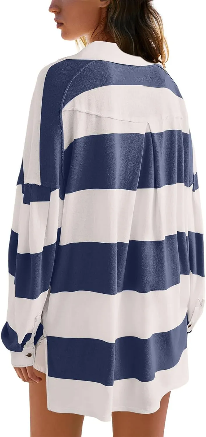 Womens Tops Dressy Casual Long Sleeve Quarter Buttons Striped Shirts Plus Size V Neck Oversized Blouse Fall Clothes