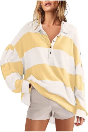 Womens Tops Dressy Casual Long Sleeve Quarter Buttons Striped Shirts Plus Size V Neck Oversized Blouse Fall Clothes