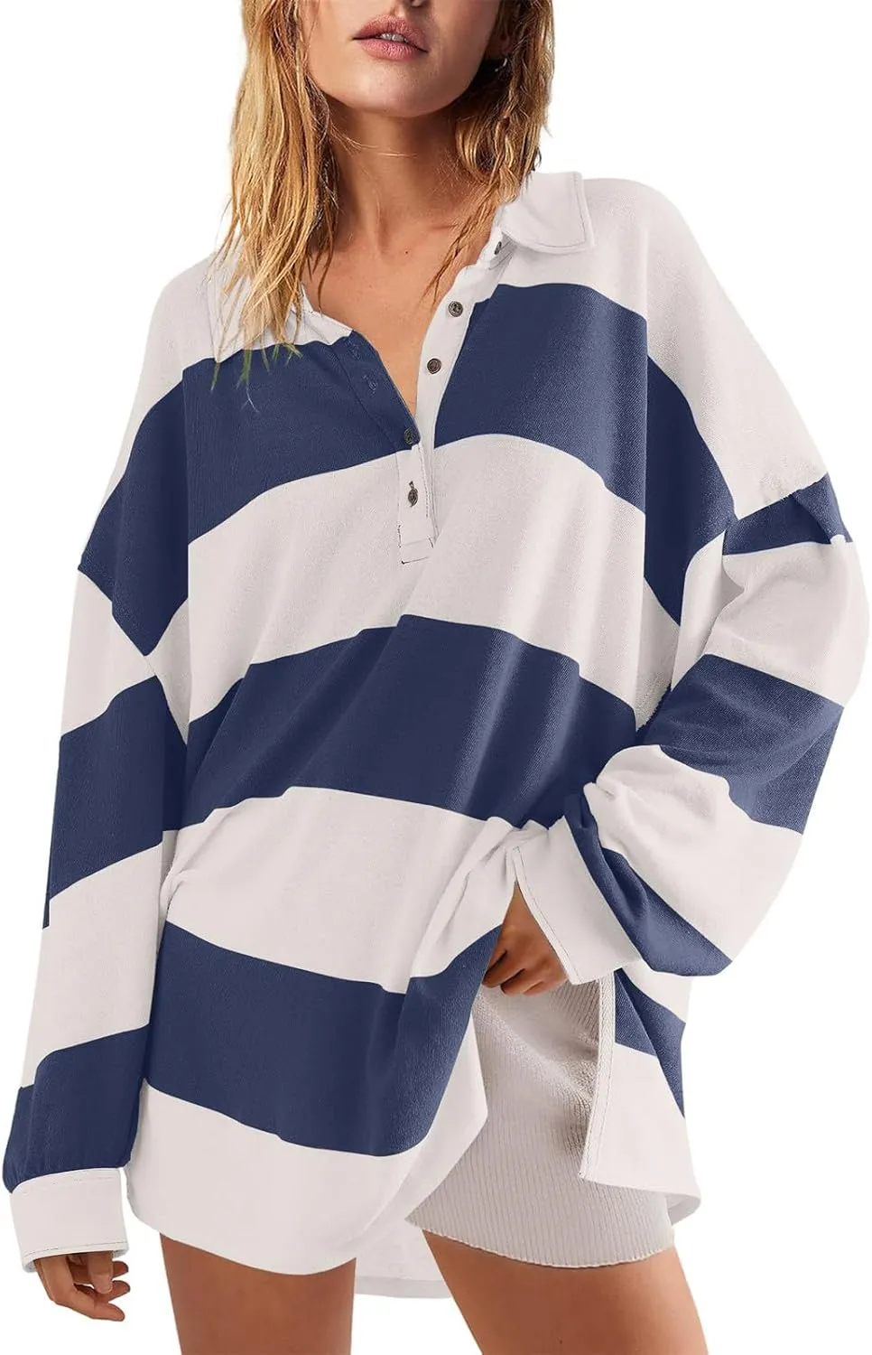 Womens Tops Dressy Casual Long Sleeve Quarter Buttons Striped Shirts Plus Size V Neck Oversized Blouse Fall Clothes