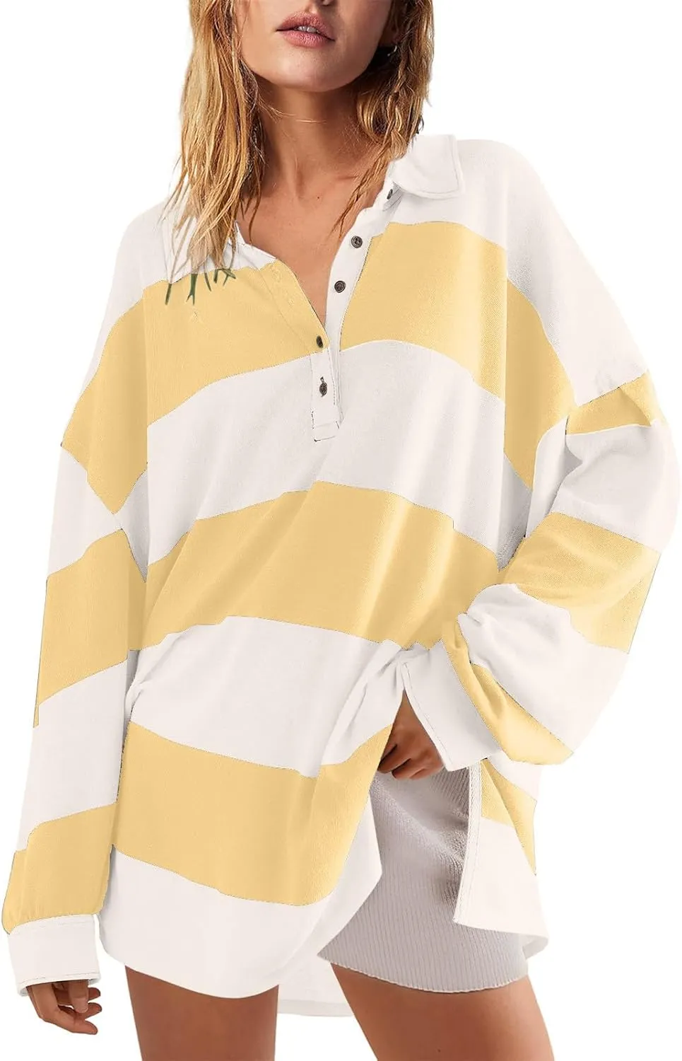 Womens Tops Dressy Casual Long Sleeve Quarter Buttons Striped Shirts Plus Size V Neck Oversized Blouse Fall Clothes