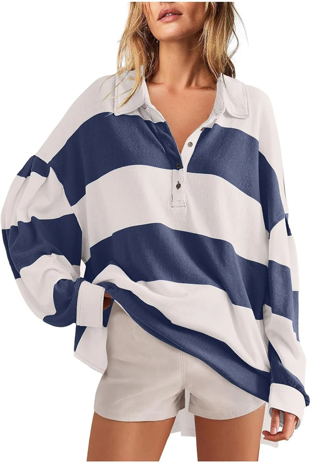 Womens Tops Dressy Casual Long Sleeve Quarter Buttons Striped Shirts Plus Size V Neck Oversized Blouse Fall Clothes