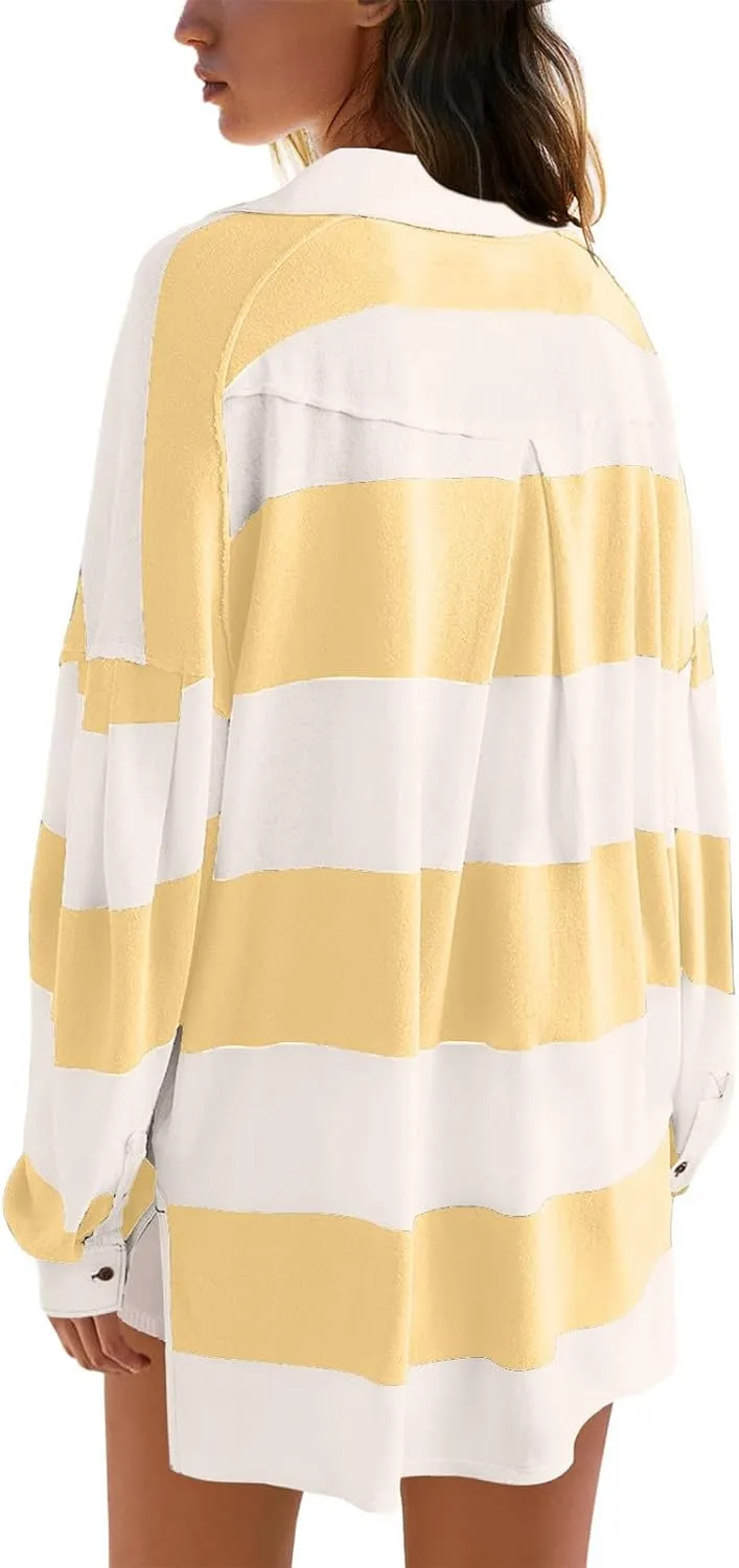 Womens Tops Dressy Casual Long Sleeve Quarter Buttons Striped Shirts Plus Size V Neck Oversized Blouse Fall Clothes