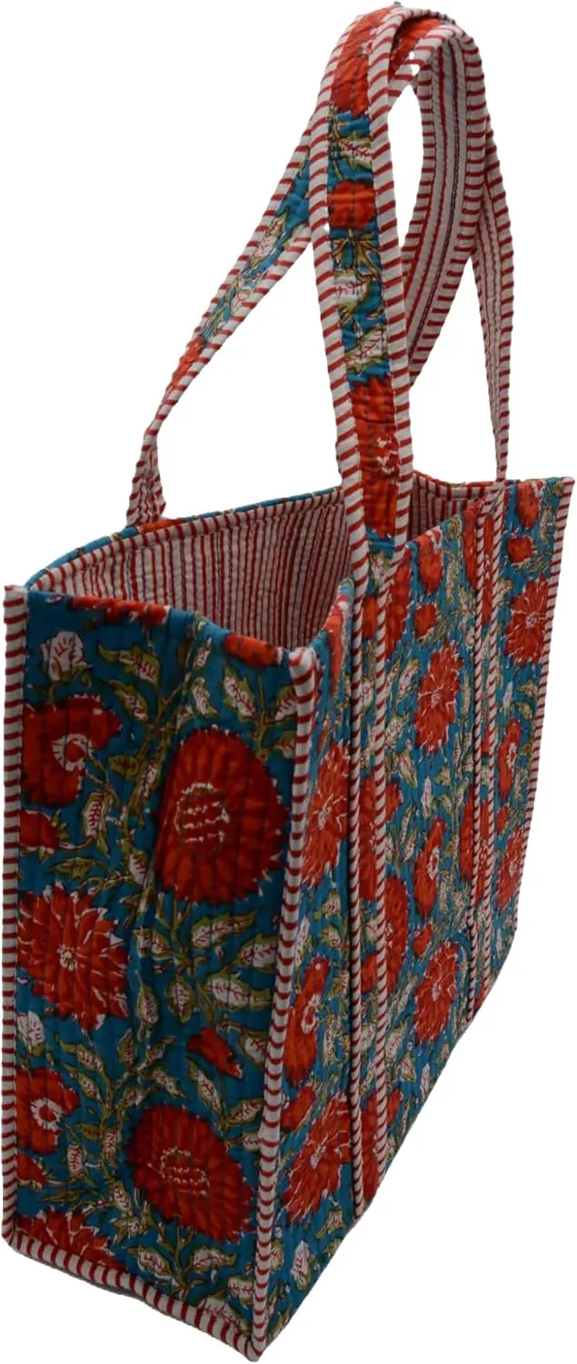 Women's Unique Quilted Large Cotton Fabric Tote Bag Travel Grocery Shopping Weekend Trips with Inside Pocket
