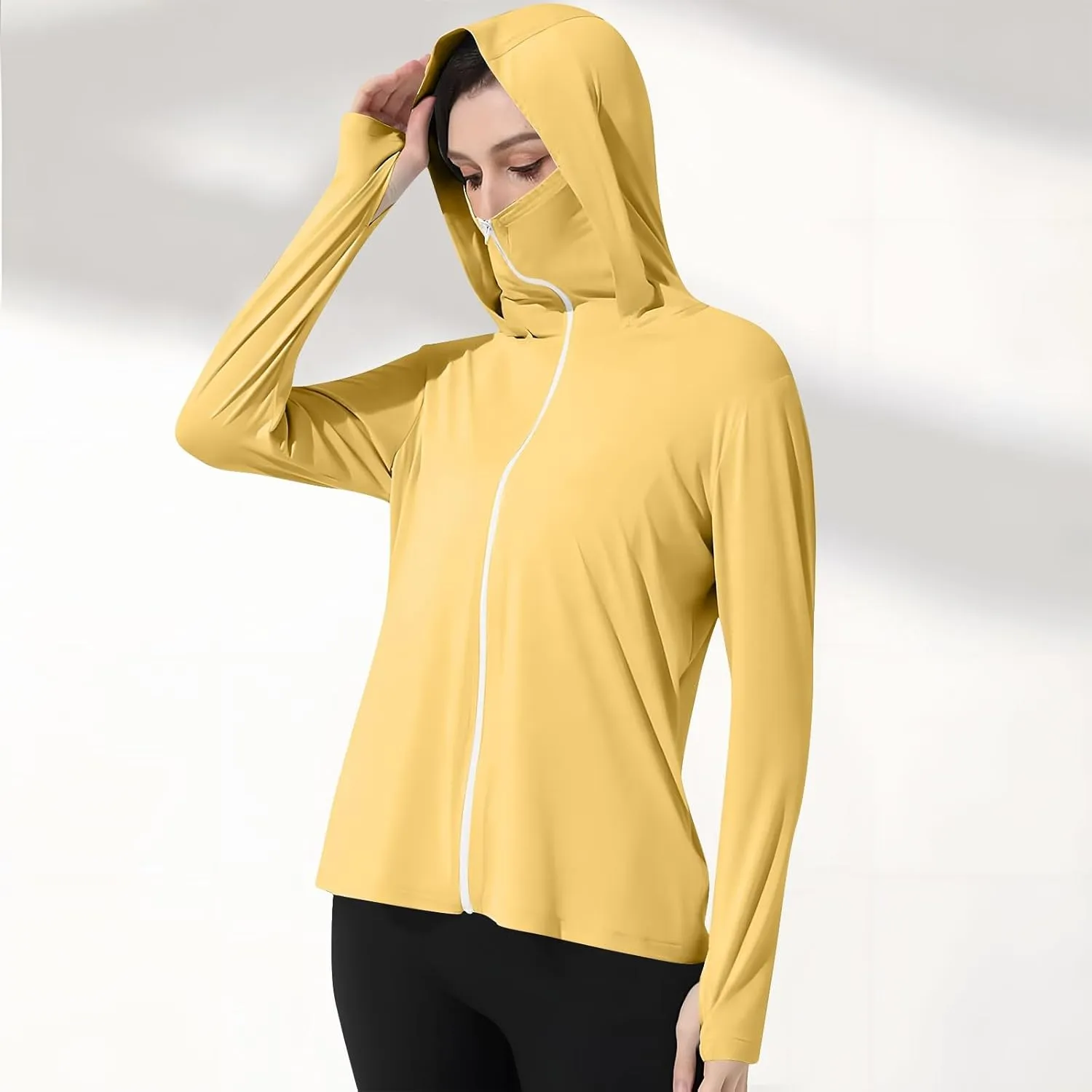Womens UV Protrction Shirts UPF 50  with Mask Long Sleeve Rash Guard Outfit Running Outdoor Swimming Quick Dry Hoodie