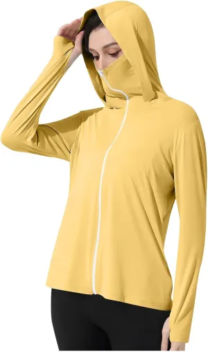 Womens UV Protrction Shirts UPF 50  with Mask Long Sleeve Rash Guard Outfit Running Outdoor Swimming Quick Dry Hoodie