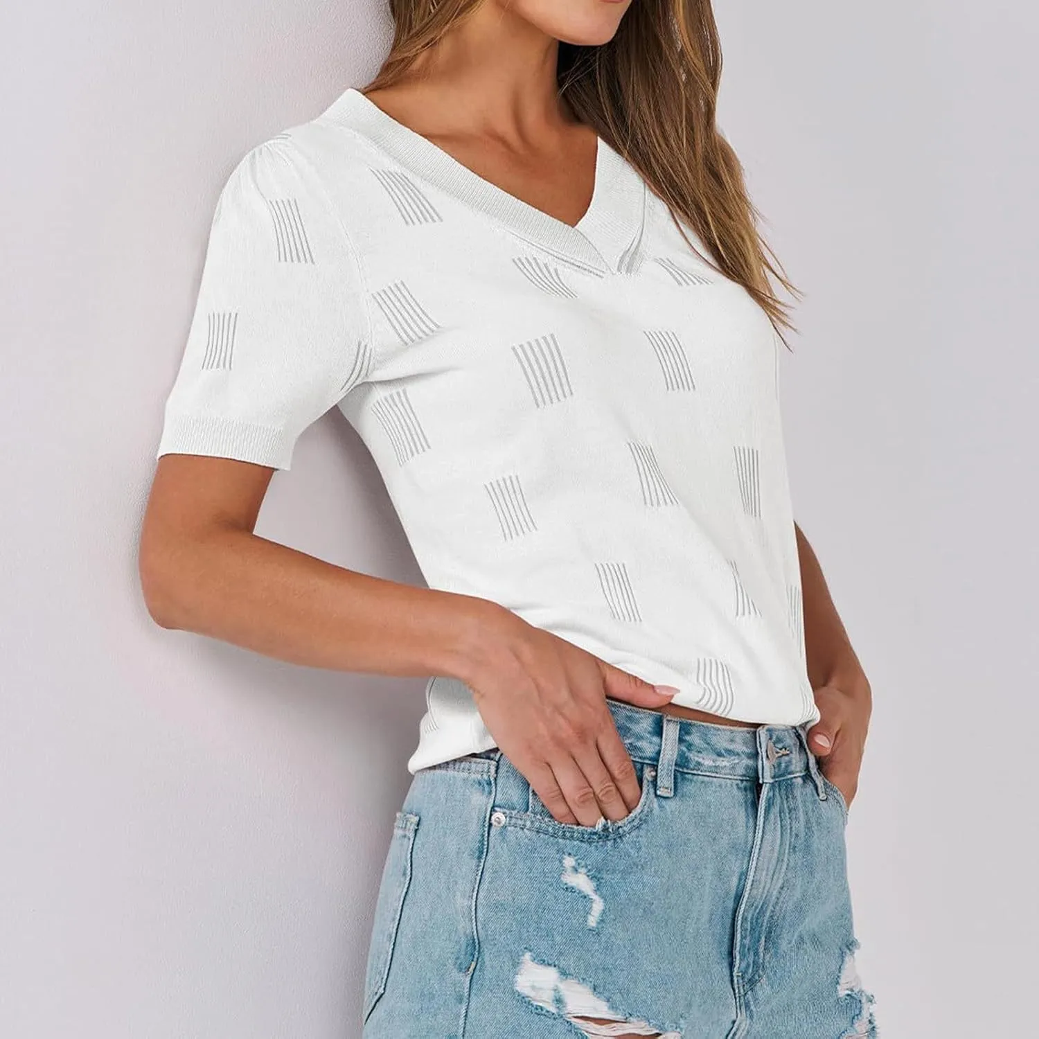Womens V Neck Knit Tops Short Sleeve Casual Loose Fit Blouses Soft Lightweight Pullover Summer Tunic Shirts
