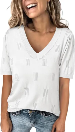 Womens V Neck Knit Tops Short Sleeve Casual Loose Fit Blouses Soft Lightweight Pullover Summer Tunic Shirts