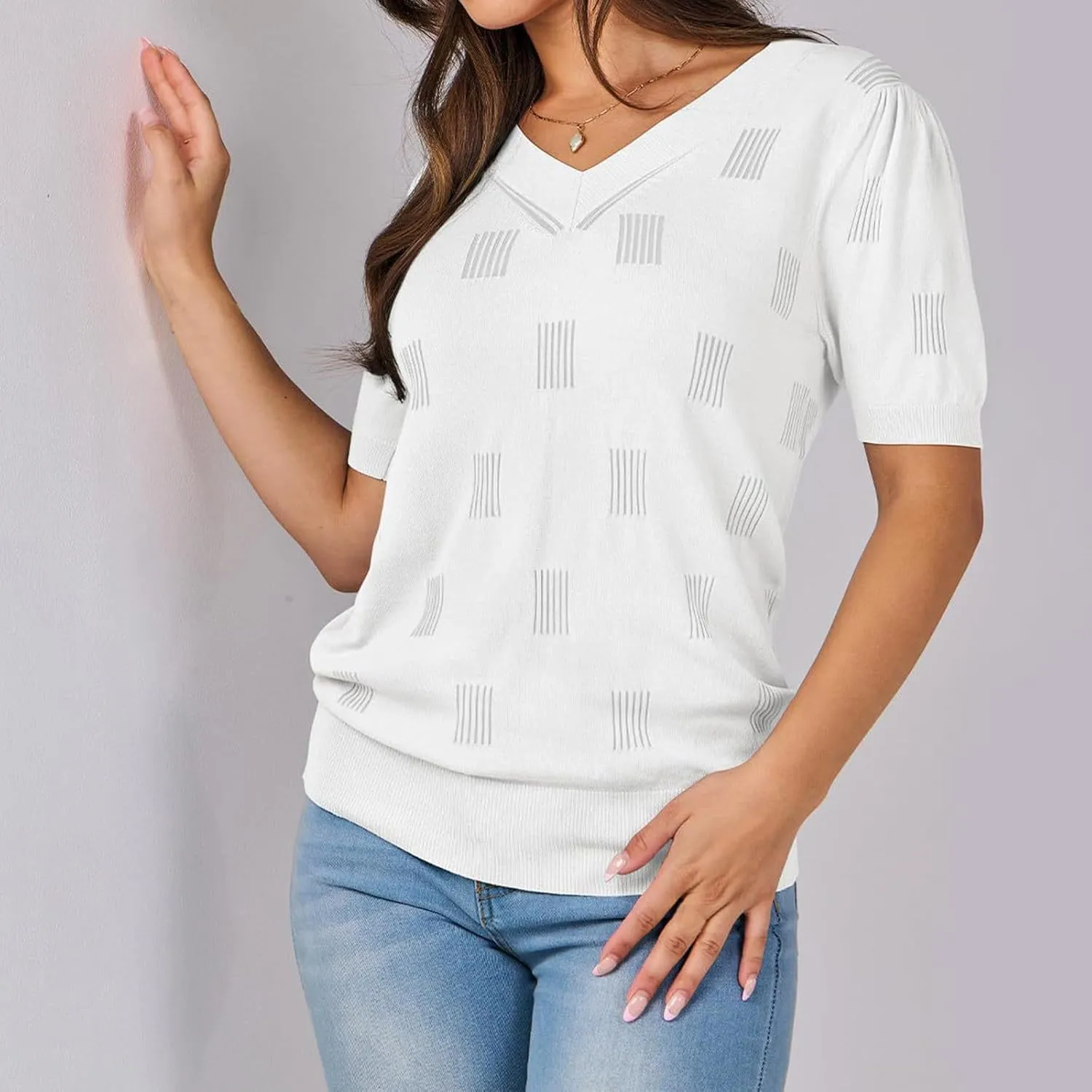Womens V Neck Knit Tops Short Sleeve Casual Loose Fit Blouses Soft Lightweight Pullover Summer Tunic Shirts
