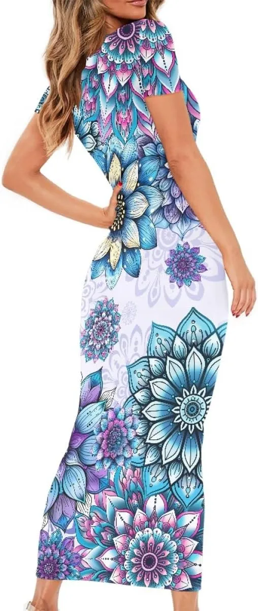 Women's Van Gogh Irises 3D Printed Crewneck Short Sleeve Bodycon Long Dress