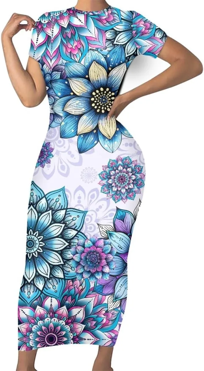 Women's Van Gogh Irises 3D Printed Crewneck Short Sleeve Bodycon Long Dress