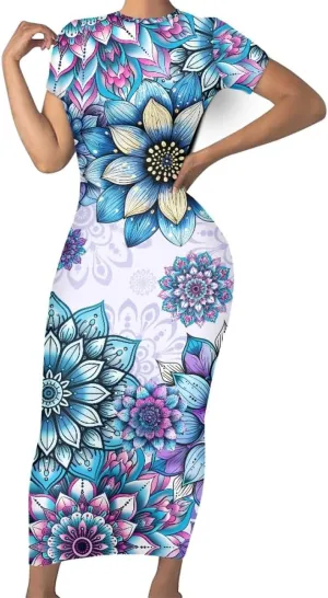 Women's Van Gogh Irises 3D Printed Crewneck Short Sleeve Bodycon Long Dress