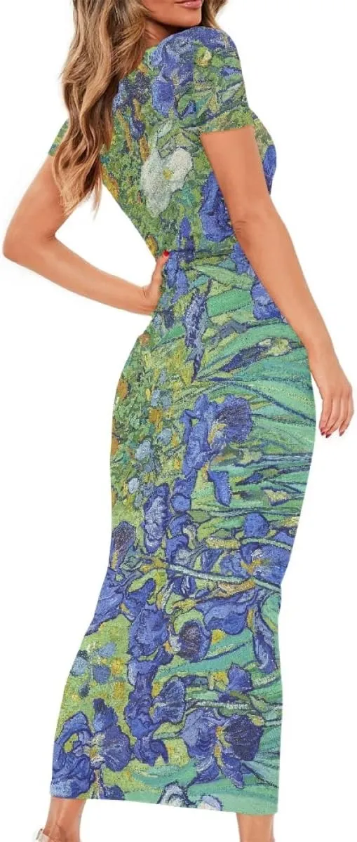 Women's Van Gogh Irises 3D Printed Crewneck Short Sleeve Bodycon Long Dress
