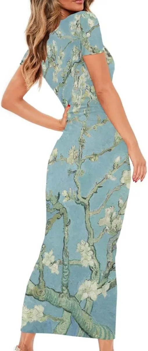 Women's Van Gogh Starry Night 3D Printed Crewneck Short Sleeve Bodycon Long Dress