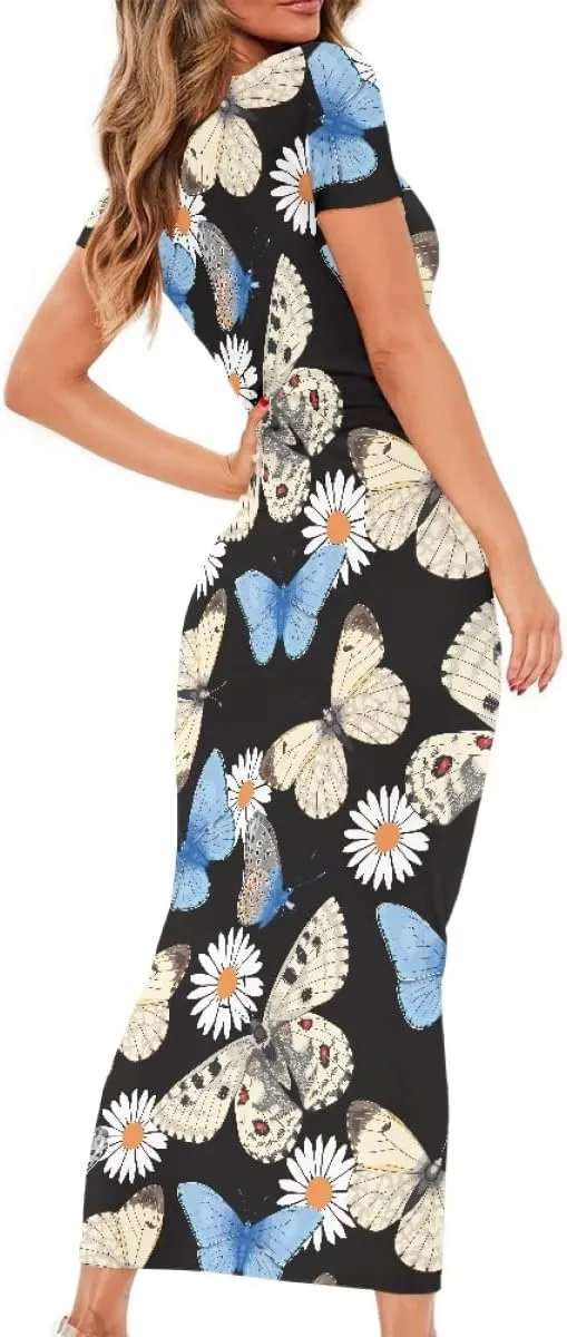 Women's Van Gogh Starry Night 3D Printed Crewneck Short Sleeve Bodycon Long Dress