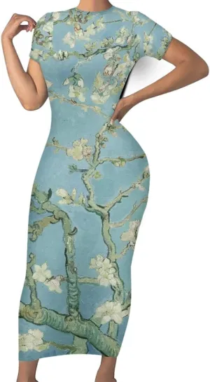 Women's Van Gogh Starry Night 3D Printed Crewneck Short Sleeve Bodycon Long Dress