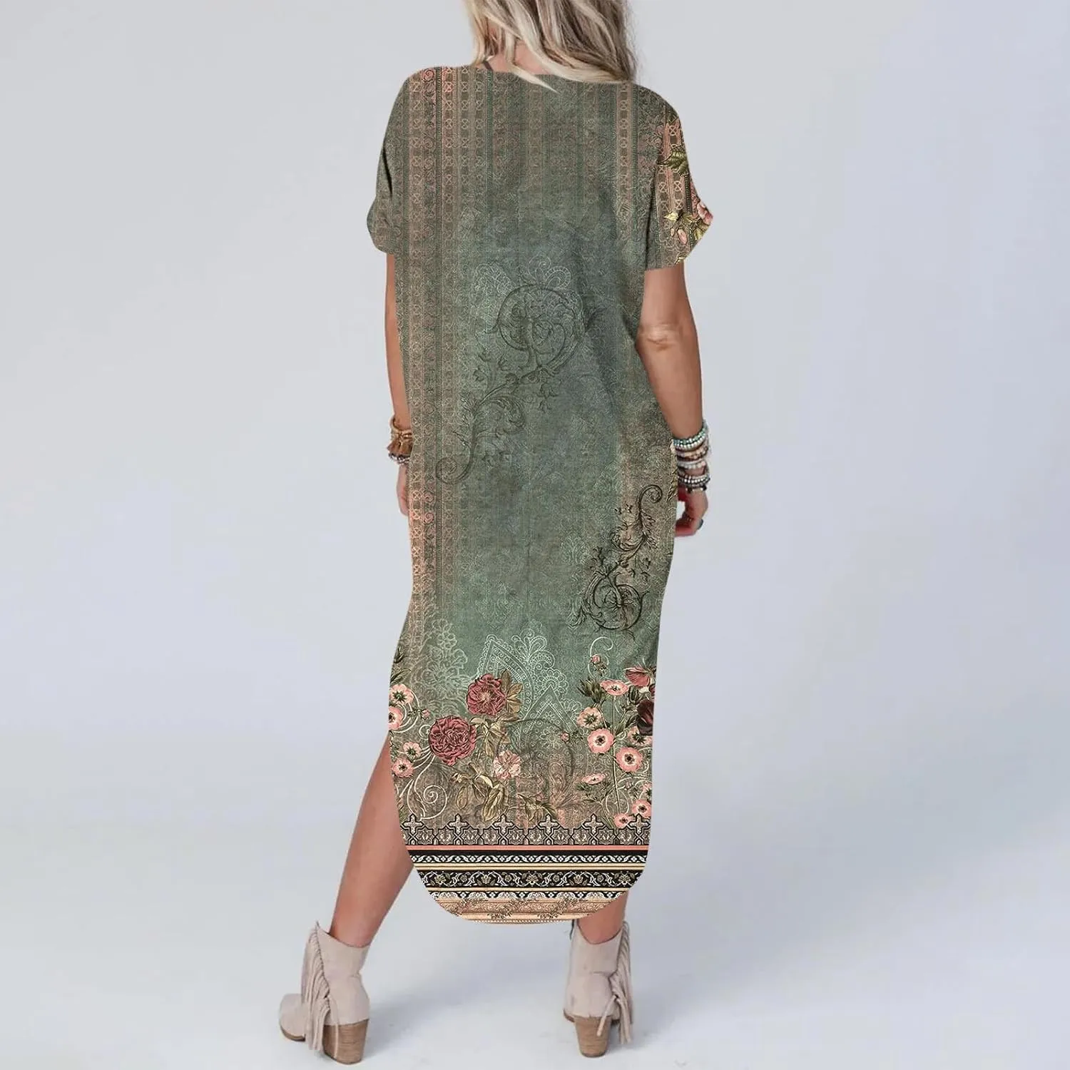 Womens Vintage Boho Sundress Casual V-Neck Short Sleeve Spring Summer Dresses Floral Printed Fashion Midi Dress