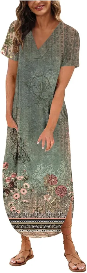 Womens Vintage Boho Sundress Casual V-Neck Short Sleeve Spring Summer Dresses Floral Printed Fashion Midi Dress
