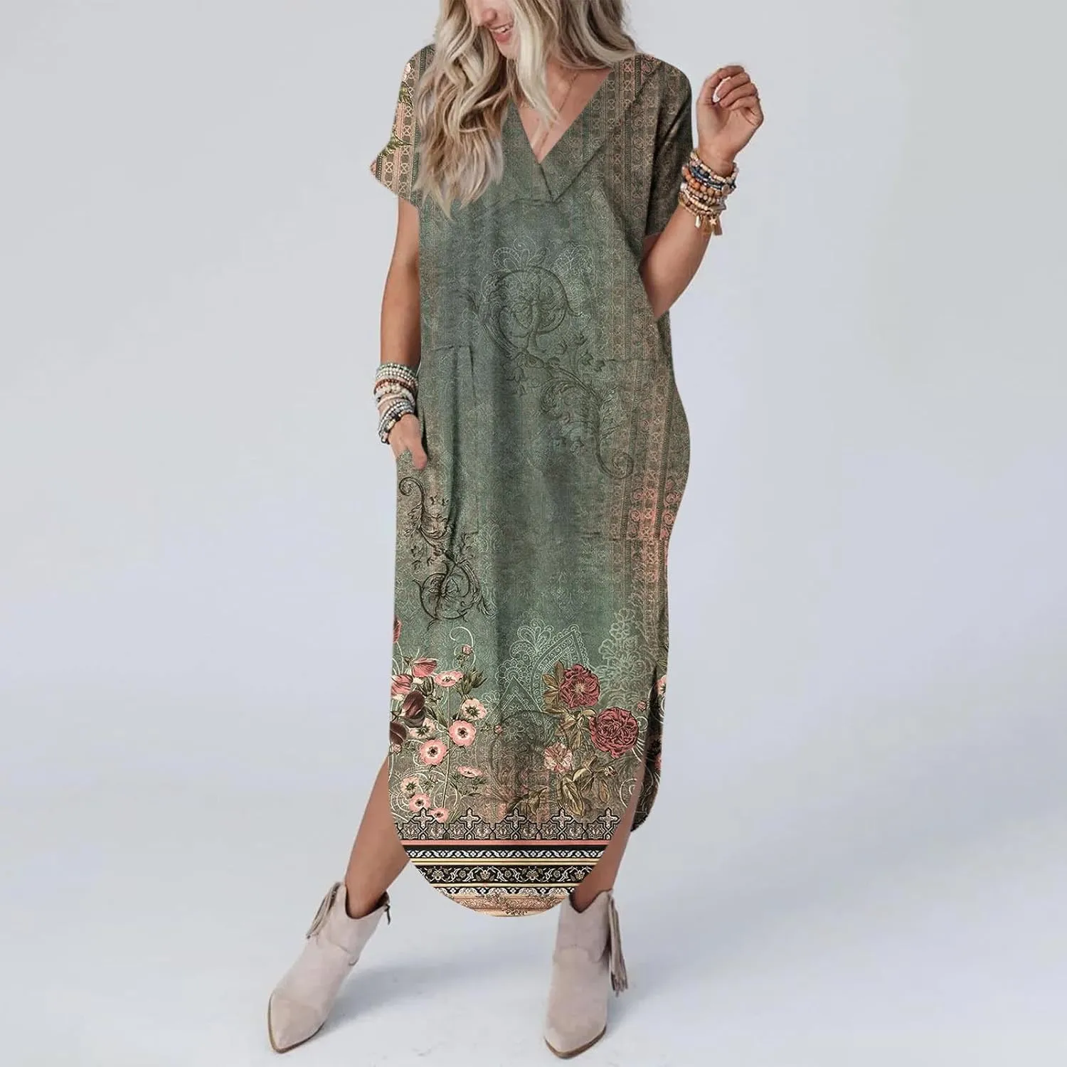 Womens Vintage Boho Sundress Casual V-Neck Short Sleeve Spring Summer Dresses Floral Printed Fashion Midi Dress