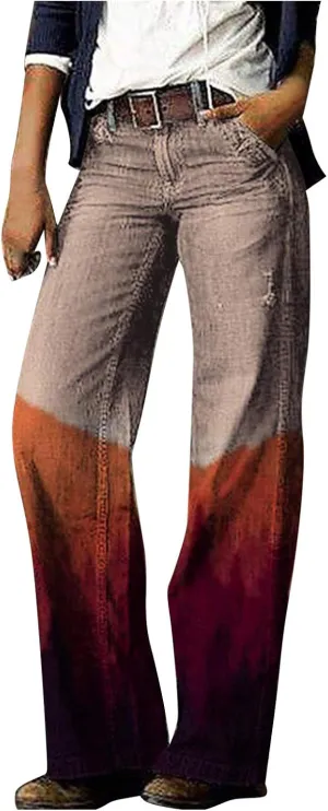 Women's Wide Leg Jeans Fashion Retro Style Comfortable Printed Casual Trousers Pants with Pocket Fall Jeans 2024