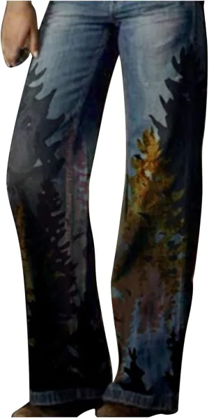 Women's Wide Leg Jeans Fashion Retro Style Comfortable Printed Casual Trousers Pants with Pocket Fall Jeans 2024