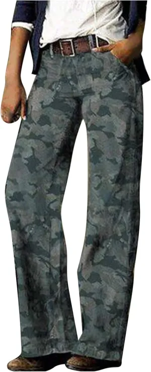 Women's Wide Leg Jeans Fashion Retro Style Comfortable Printed Casual Trousers Pants with Pocket Fall Jeans 2024