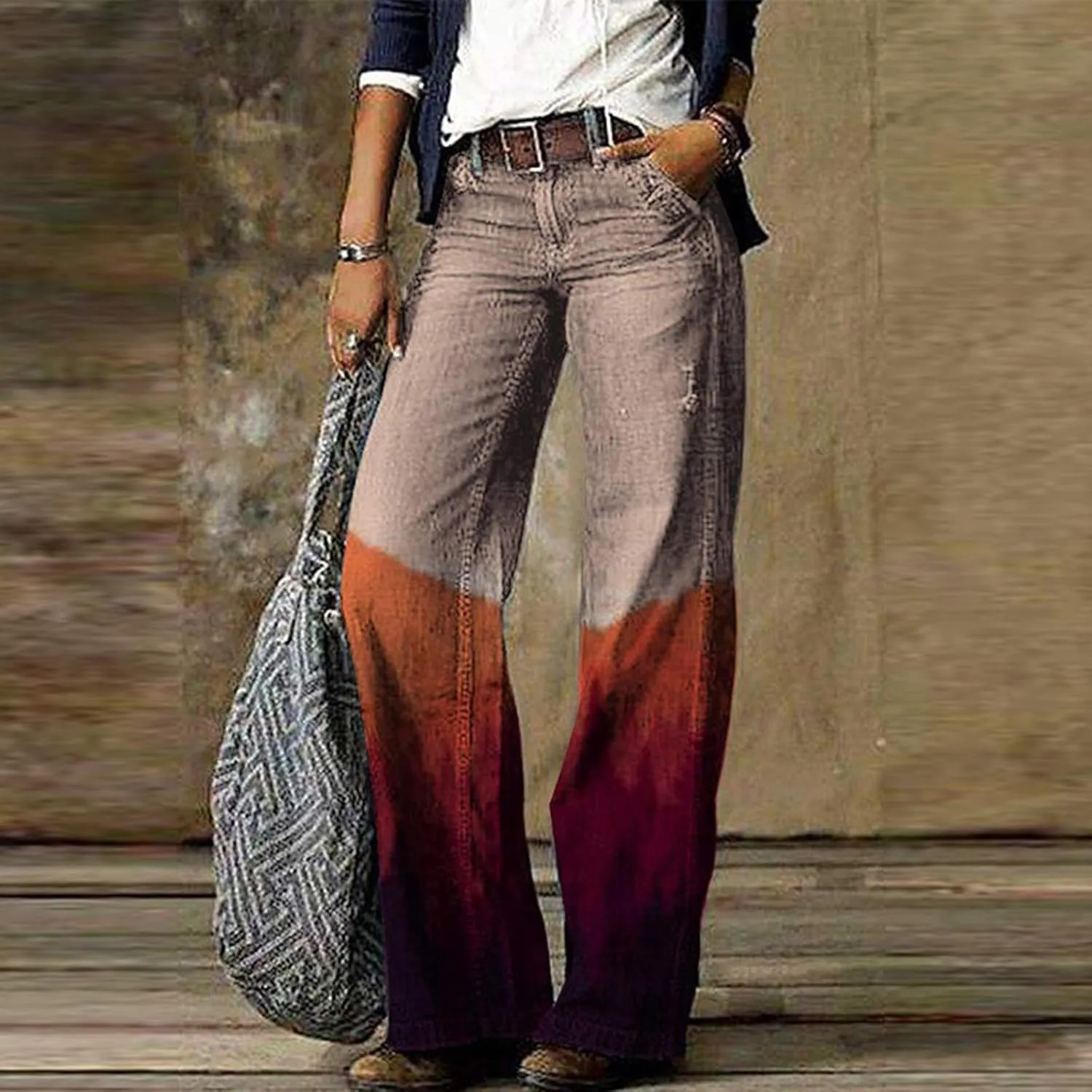 Women's Wide Leg Jeans Fashion Retro Style Comfortable Printed Casual Trousers Pants with Pocket Fall Jeans 2024