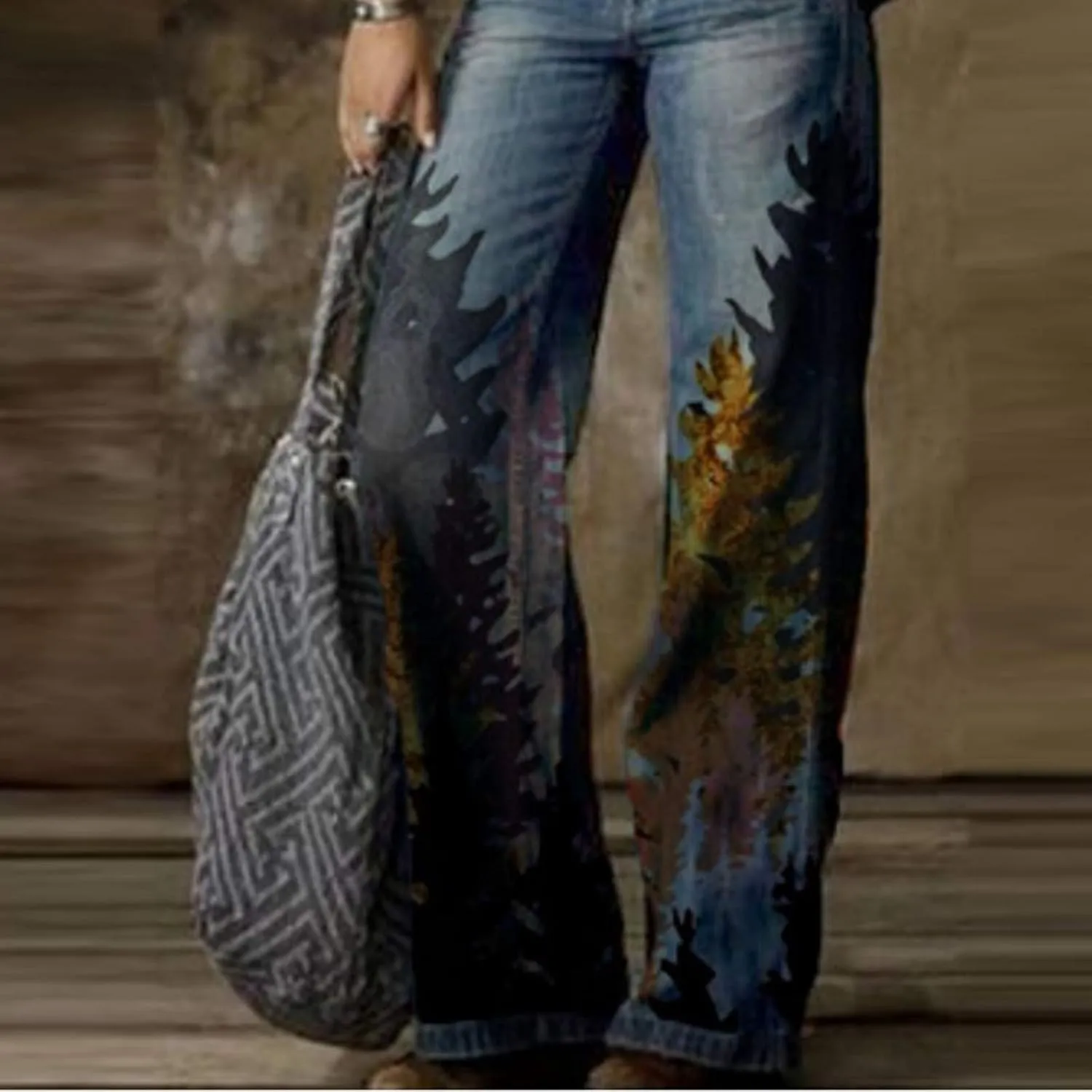 Women's Wide Leg Jeans Fashion Retro Style Comfortable Printed Casual Trousers Pants with Pocket Fall Jeans 2024