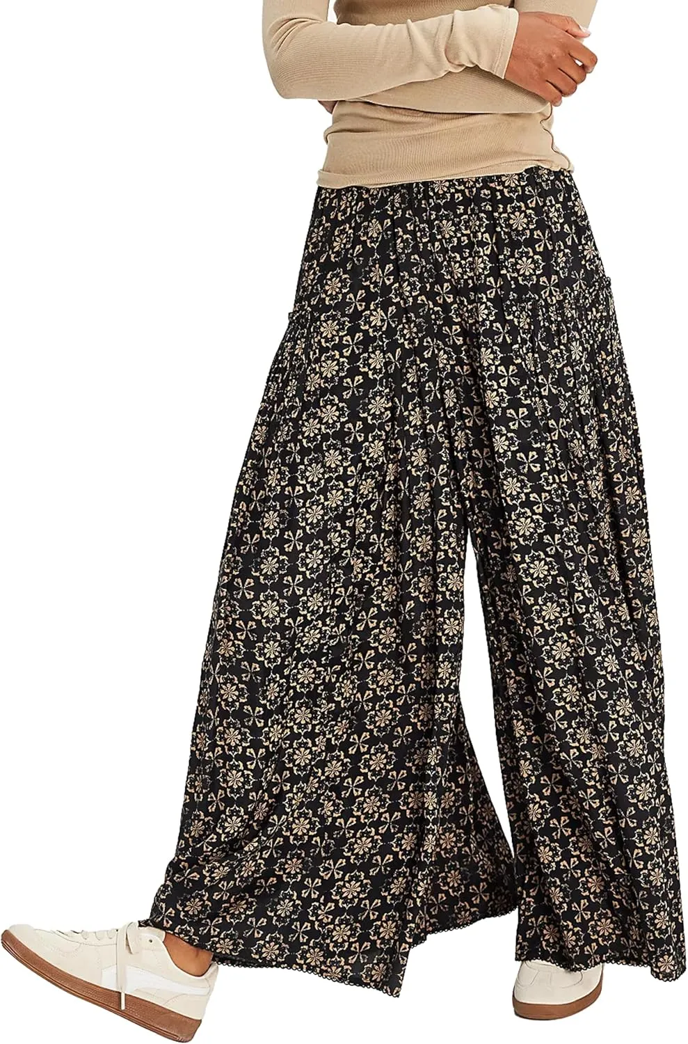 Womens Wide Leg Pants Flowy High Elastic Waist Loose Printed Beach Boho Yoga Casual Long Trousers