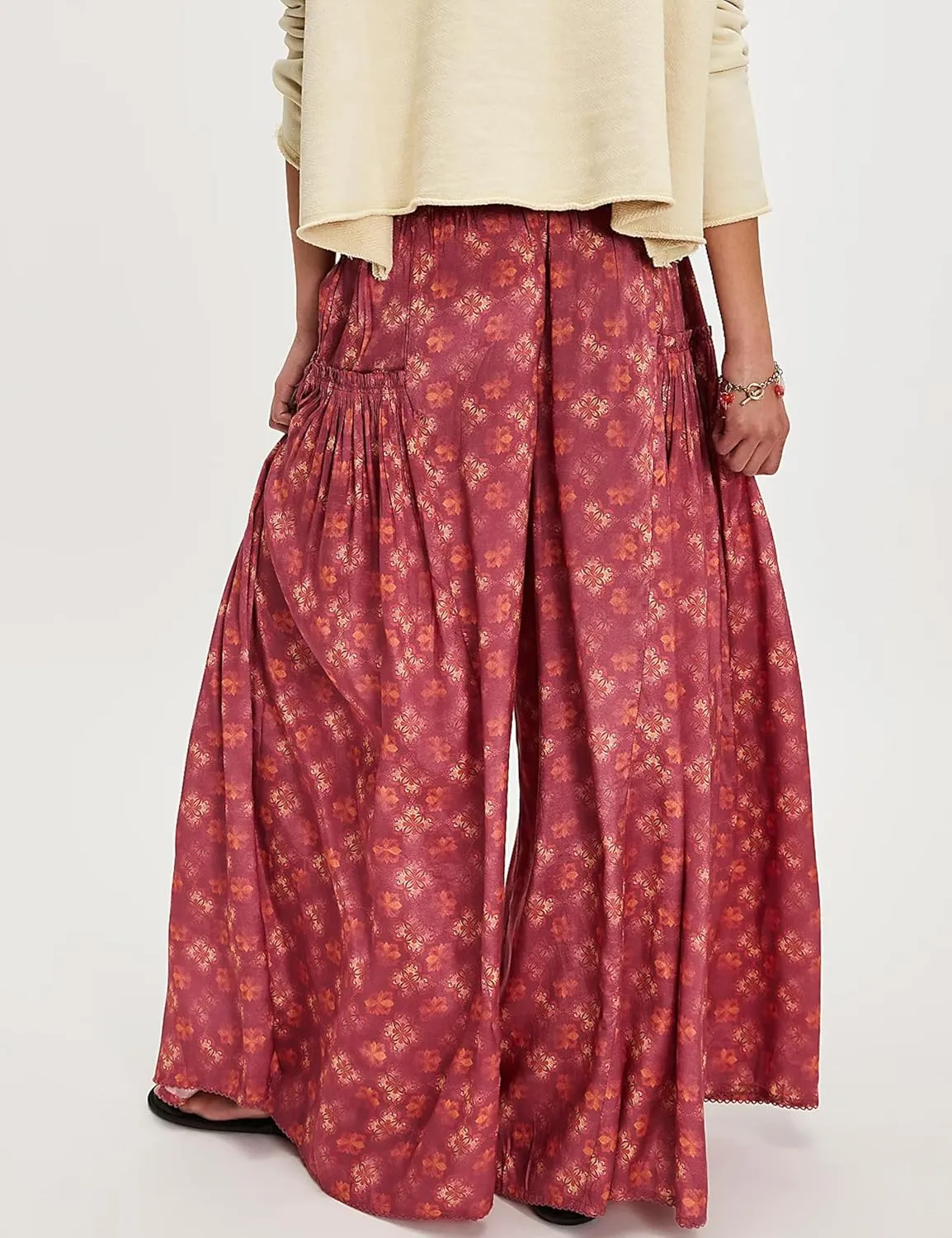 Womens Wide Leg Pants Flowy High Elastic Waist Loose Printed Beach Boho Yoga Casual Long Trousers