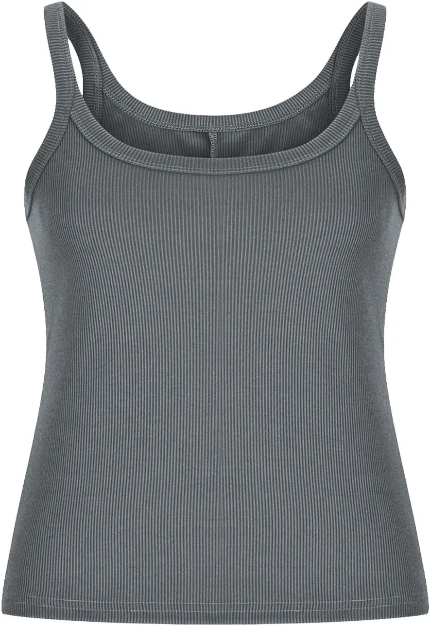Women’s Workout Scoop Neck Tank Top Ribbed Sleeveless Cami Lightweight Solid Basic Spaghetti Strap Camisole Going Out Clothes
