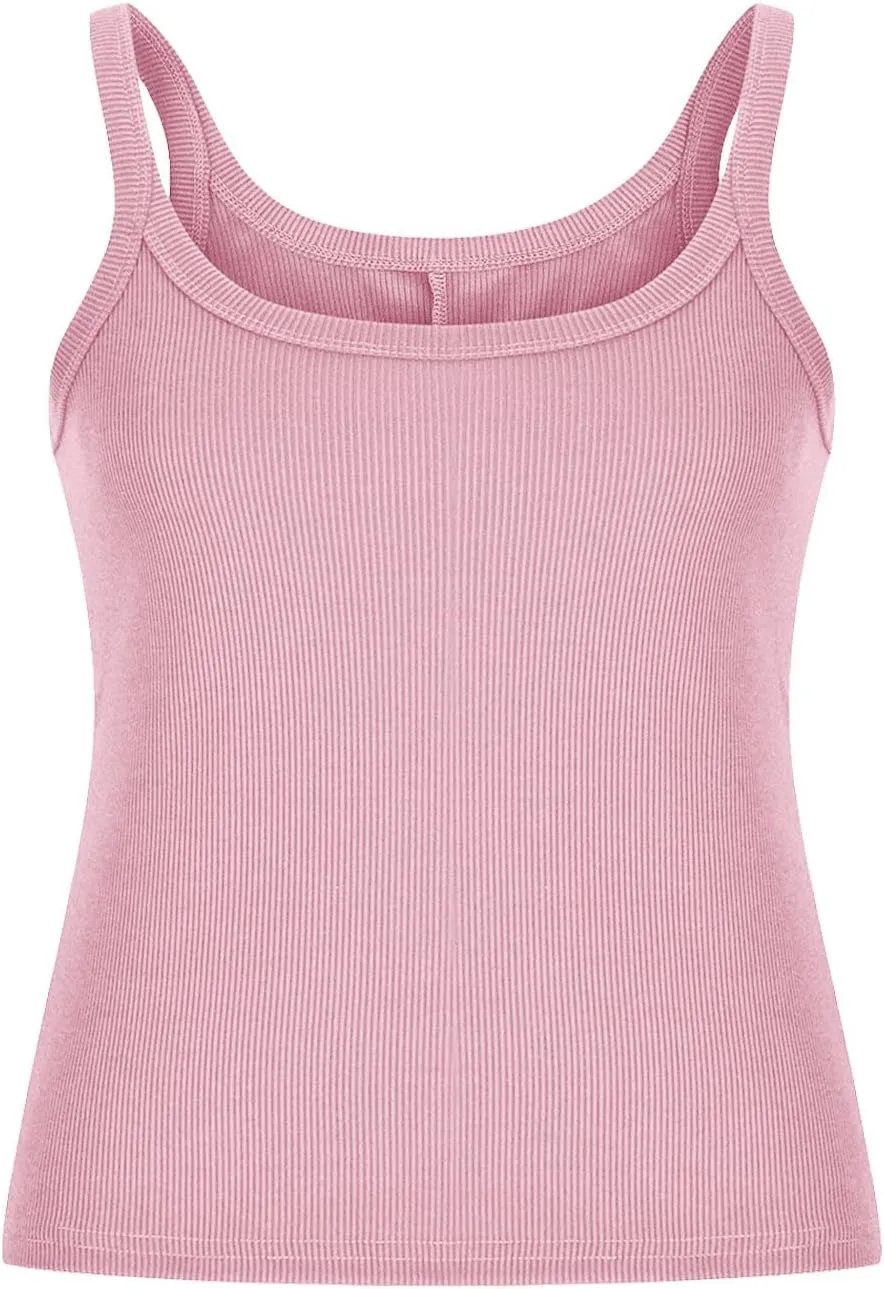 Women’s Workout Scoop Neck Tank Top Ribbed Sleeveless Cami Lightweight Solid Basic Spaghetti Strap Camisole Going Out Clothes
