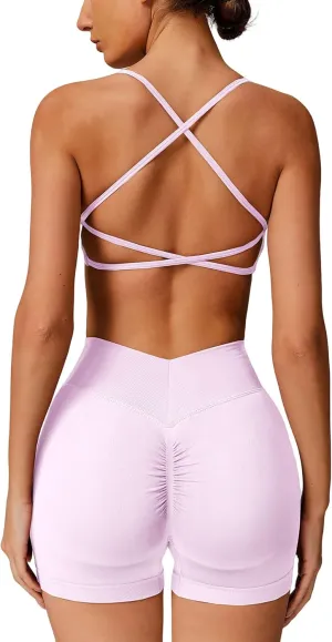 Womens Workout Sets 2 Piece Criss Cross Back Sports Bras Matching High Waist Scrunch Butt Lifting Shorts Yoga Outfits