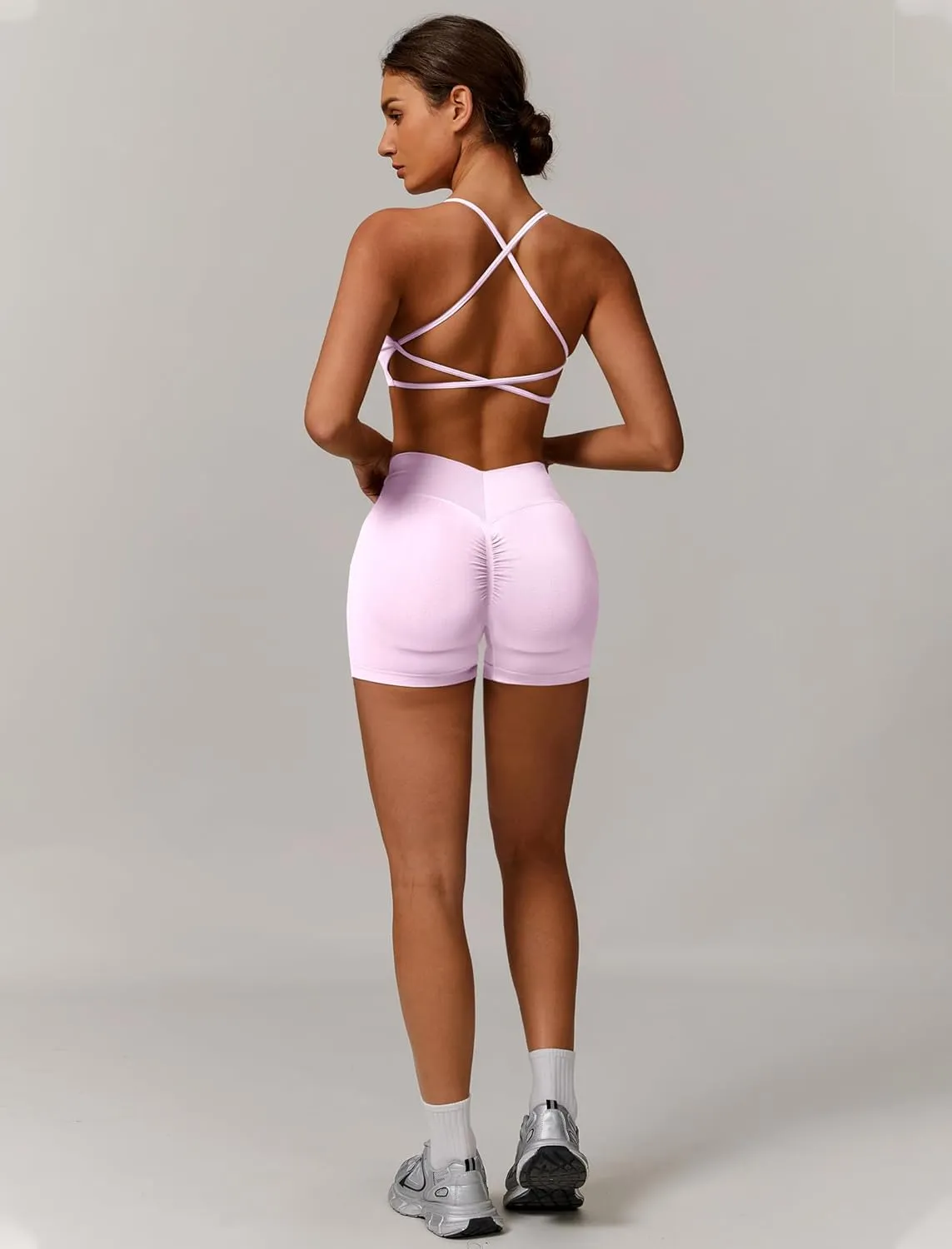 Womens Workout Sets 2 Piece Criss Cross Back Sports Bras Matching High Waist Scrunch Butt Lifting Shorts Yoga Outfits