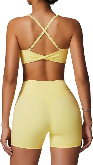 Womens Workout Sets Cross Back Sports Bras Matching High Waist Biker Shorts Yoga Jogger Outfits Work Out Clothes
