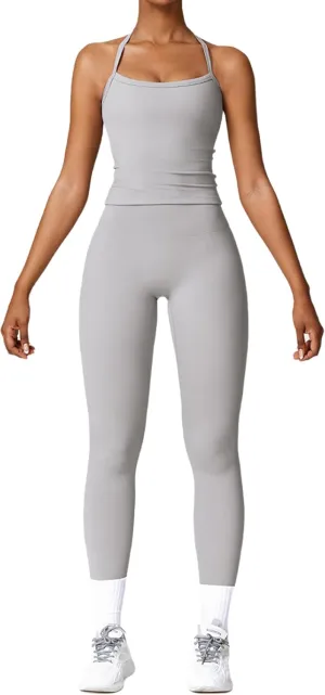 Womens Workout Sets Two Piece Cross Back Tank Top Matching High Waist Leggings Sets Gym Outfits Work Out Clothes