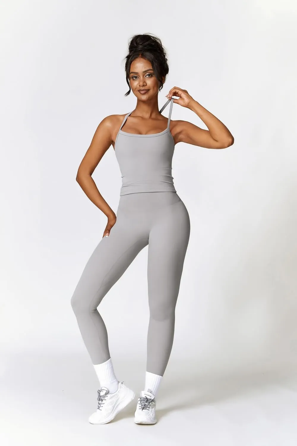 Womens Workout Sets Two Piece Cross Back Tank Top Matching High Waist Leggings Sets Gym Outfits Work Out Clothes
