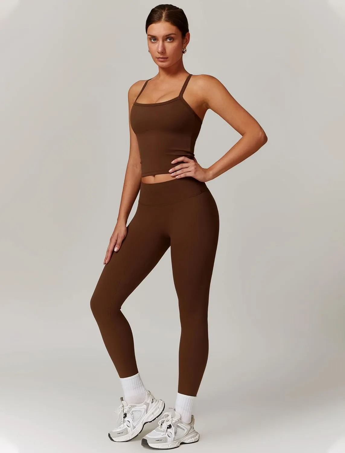 Womens Workout Sets Two Piece Cross Back Tank Top Matching High Waist Leggings Sets Gym Outfits Work Out Clothes