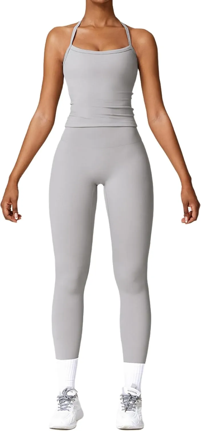 Womens Workout Sets Two Piece Cross Back Tank Top Matching High Waist Leggings Sets Gym Outfits Work Out Clothes